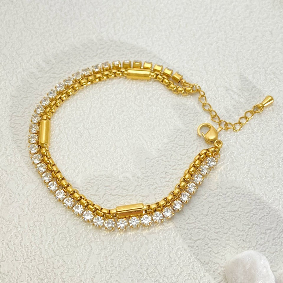 Women's Gold Plated Double Layered Tennis Chain Bracelet Cubic Zirconia Gift