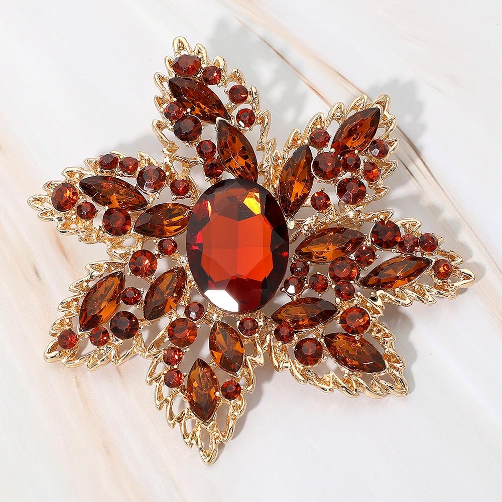 Oval Stone Center Brown Rhinestone Studded Floral Statement Pin Brooch for Women