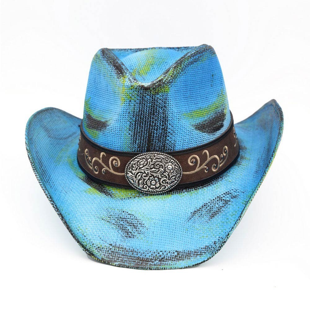 Blue Western Cowboy Hat Paper Straw Concho Band Distressed Rodeo Festival