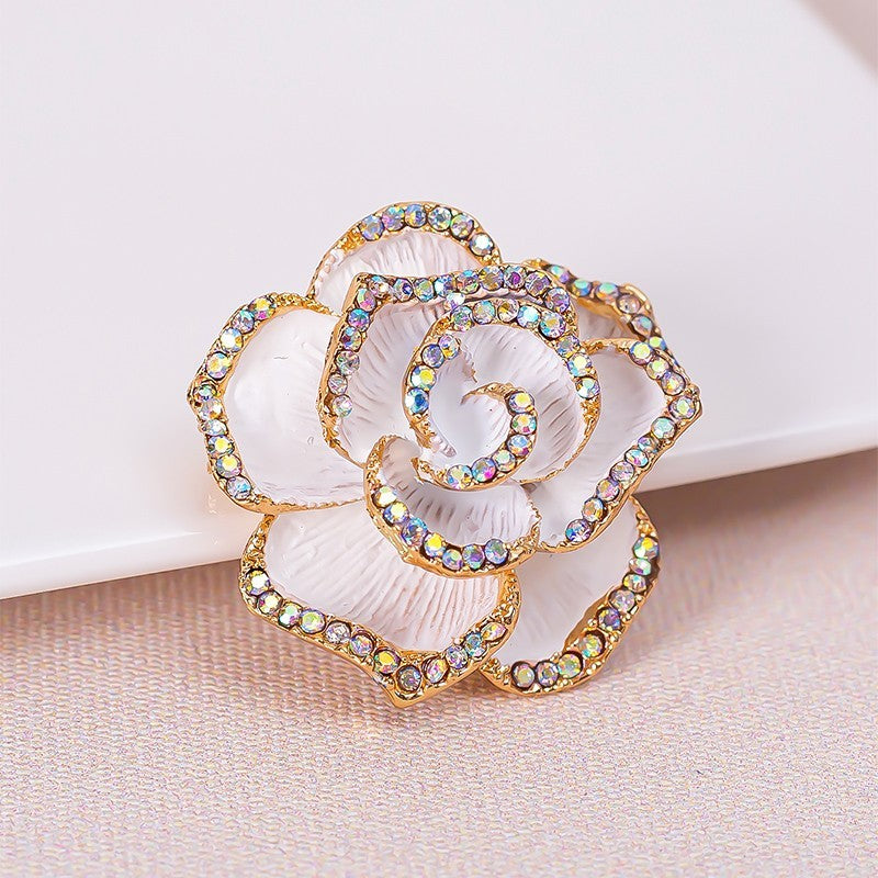 3pcs Rose Flower Brooch Set Red White Black Enamel Rhinestone Crystal Jewelry