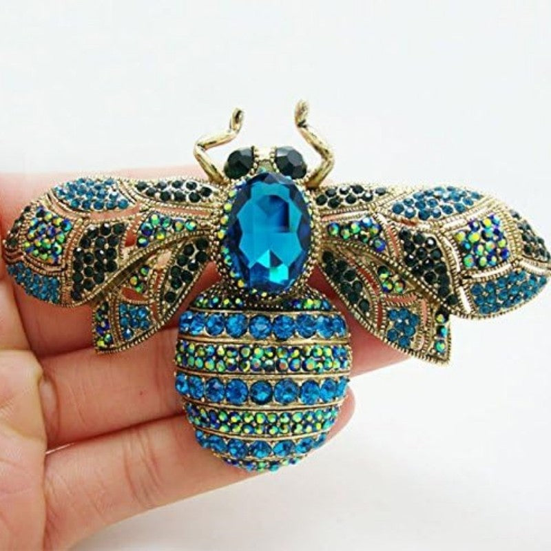 Blue Crystal Bee Brooch Pin Large Rhinestone Insect Gold Tone Fashion Jewelry