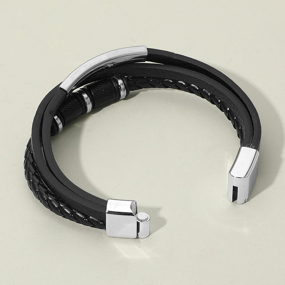 Mens Black Braided Leather Bracelet Gold Tone Accent Magnetic Clasp Multi-Strand