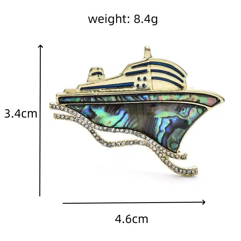 Abalone Shell Cruise Ship Brooch Rhinestone Nautical Boat Vacation Pin
