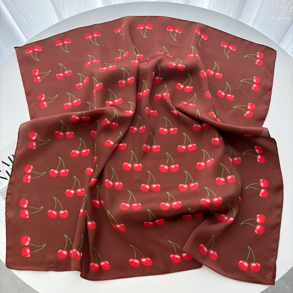 2pcs Women Cherry Print Square Scarf Silk Feel Hair Neck Head Wrap 27.5in