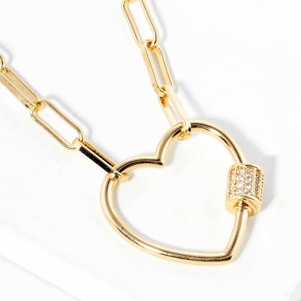 Gold Dipped CZ Stone Paved Open Heart Carabiner Pendant Paperclip Chain Necklace