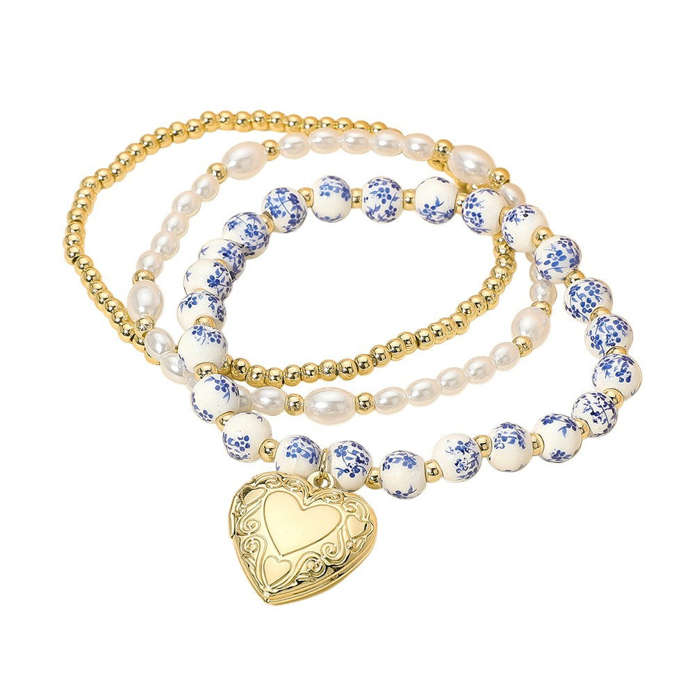 3PC Women's Beaded Stretch Bracelet Set Heart Locket Pearl Ceramic Metal Charm