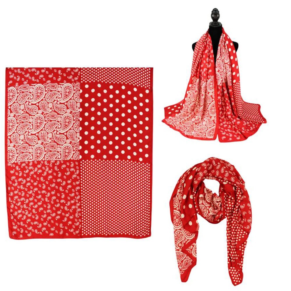 Polka Dot Paisley Printed Silky Satin Oblong Scarf  for Women Shawls Printed Red