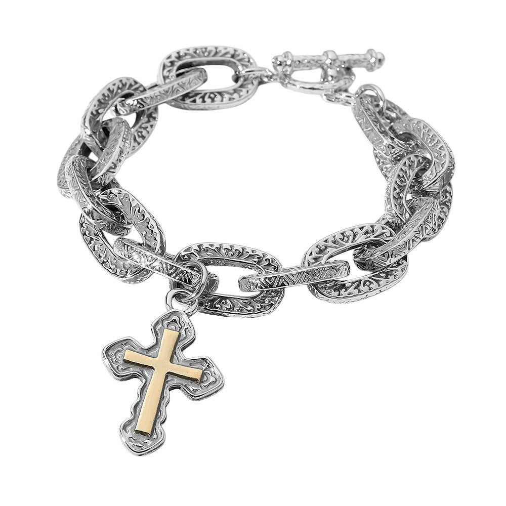 14K Gold Plated Two Tone Cross Charm Toggle Bracelet Chunky Chain Jewelry