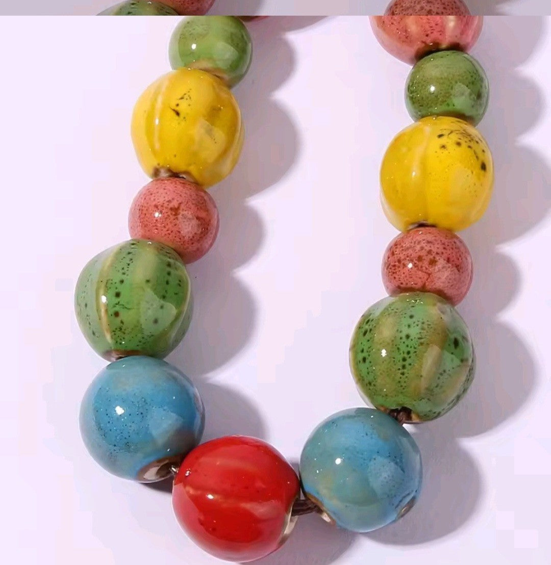 Chunky Multicolored Boho Ceramic Beaded Necklace for Women