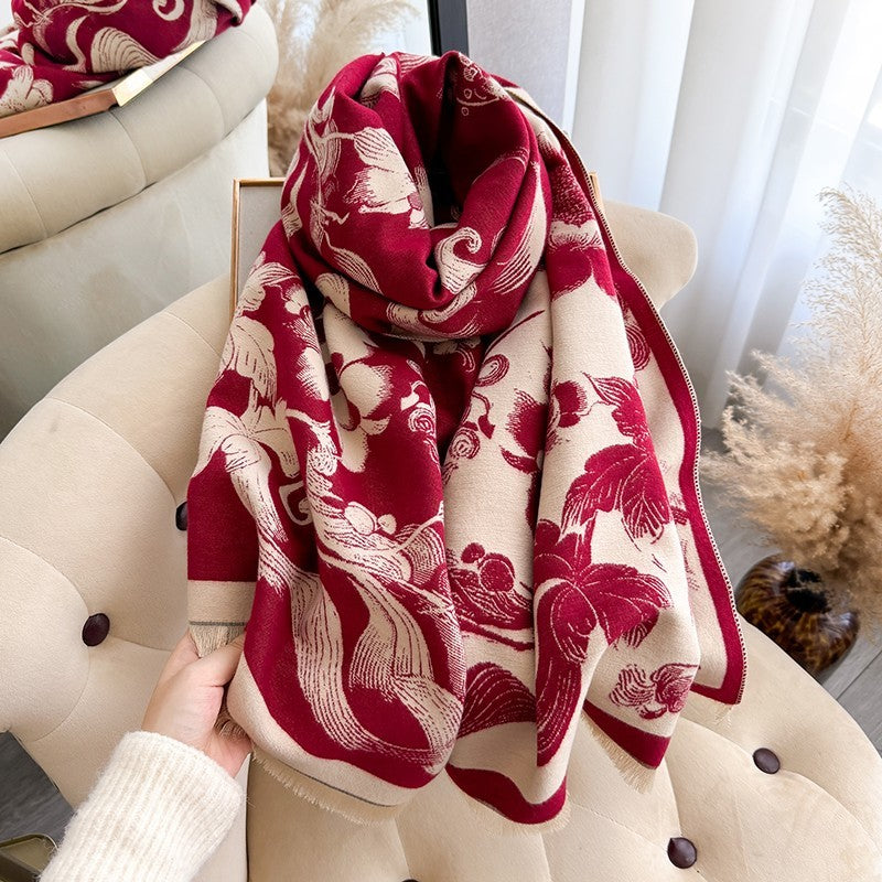 Reversible Floral Pashmina Shawl Scarf Red Beige Winter Wrap Blanket Style
