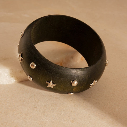 Ebony Wood Bangle Bracelet with Silver Star Studs Boho Chic Jewelry