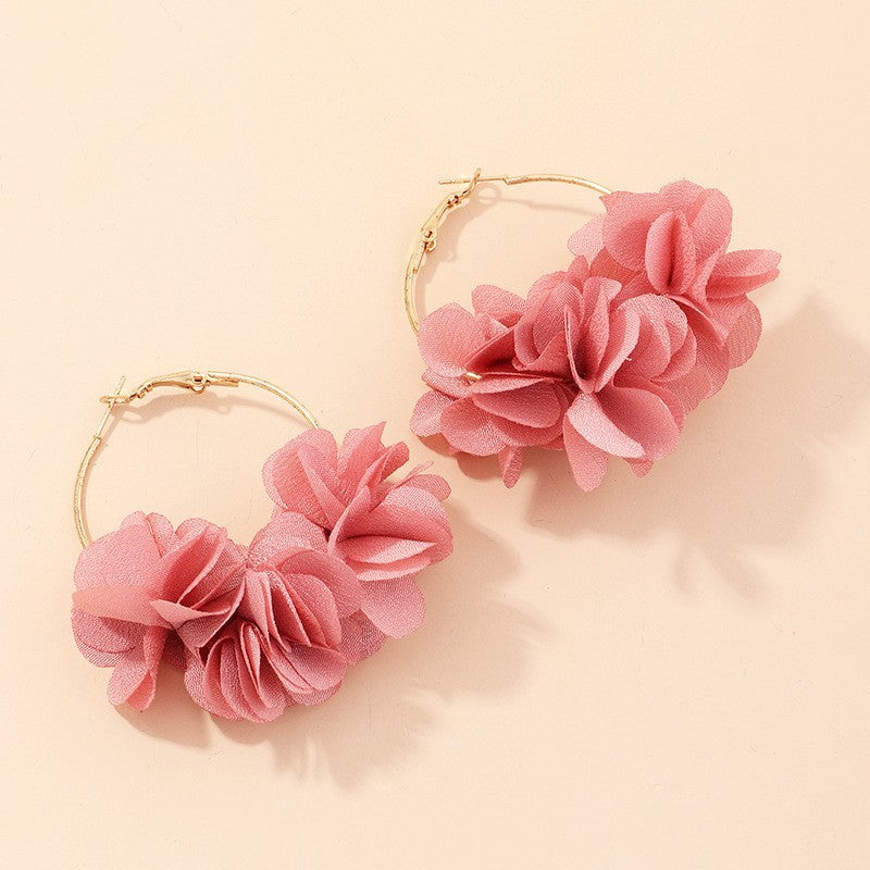 Boho Pink Fabric Floral Hoop Earrings for Women Fashion Jewelry Statement