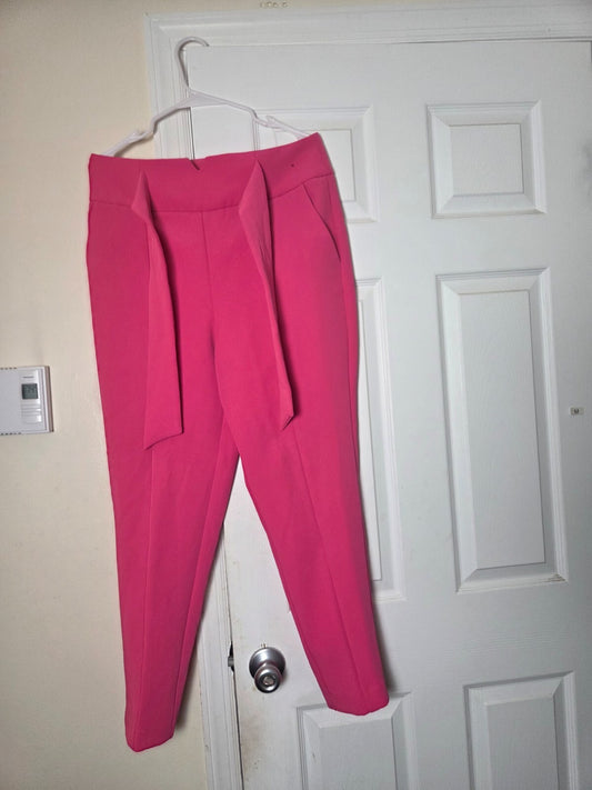 Hot Pink Self-Belted High Waist Tapered Pants for Women Slim Fit Office Trousers