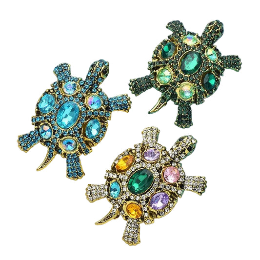 3pcs Vintage Rhinestone Turtle Brooch Pins Crystal Animal Tortoise