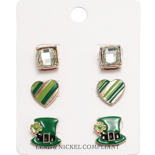 3pc St. Patrick's Day Earring Set Green Leprechaun Hat Heart Crystal Studs 0.5"
