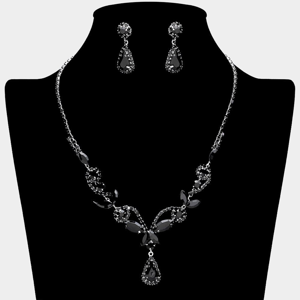 2pc Elegant Black Marquise Crystal Teardrop Pendant Necklace & Earring Jewelry S