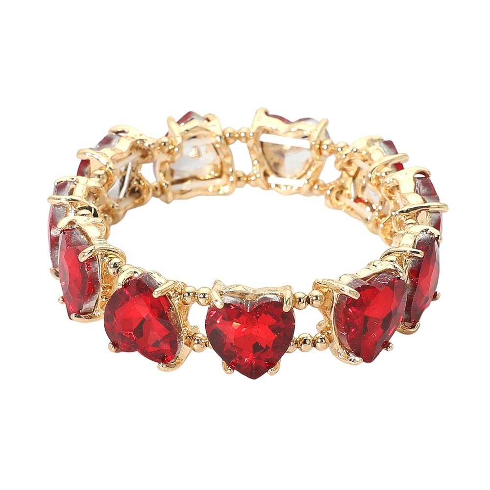Women's Red Heart-Shaped Stone Cluster Beaded Stretch Evening Bracelet Gold-Tone