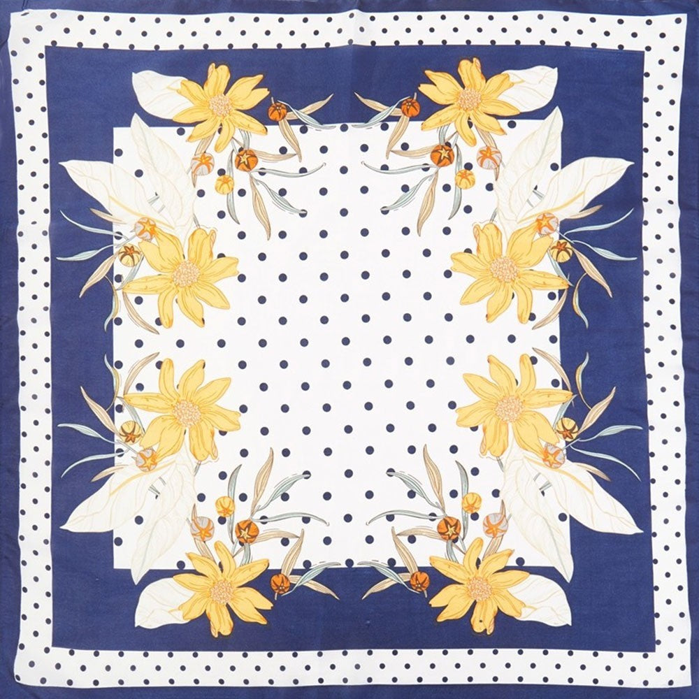 Dotted Daisy Flower Printed Square Satin Bandana Scarf for Women Navy & White