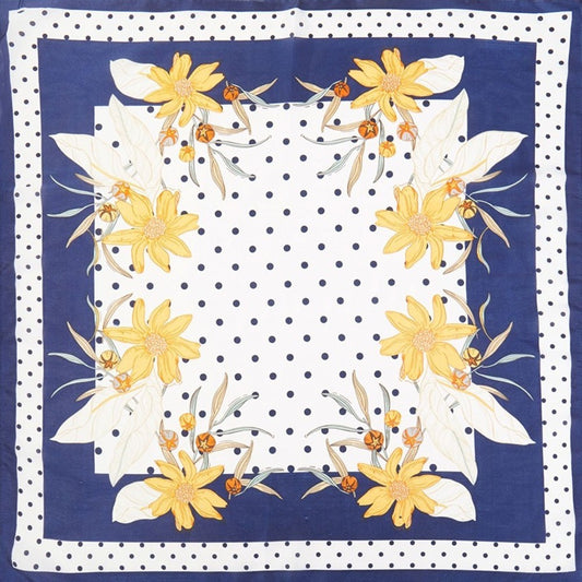 Dotted Daisy Flower Printed Square Satin Bandana Scarf for Women Navy & White