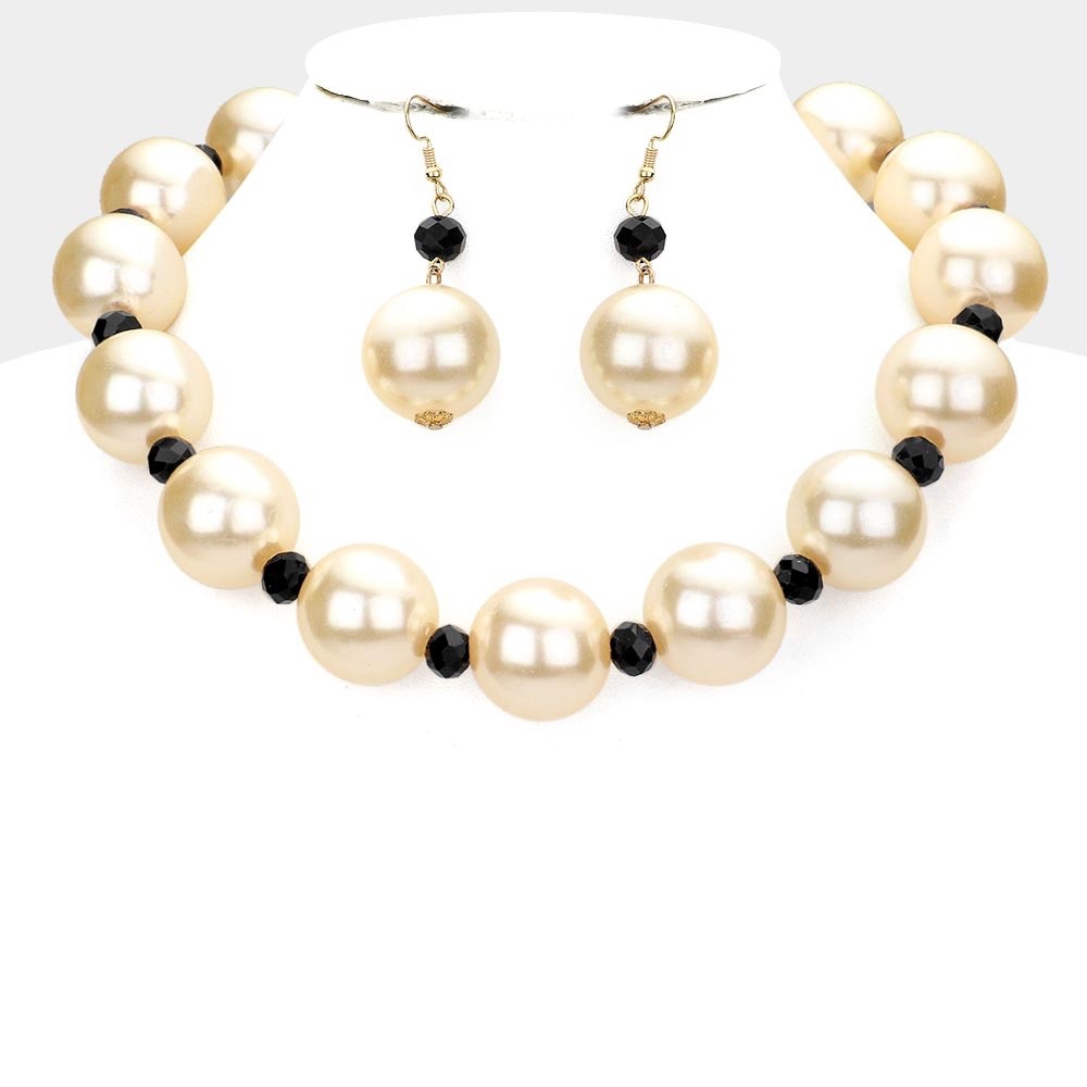 Large Cream Pearl Statement Necklace Set - Chunky Black Crystal Accent Jewelry