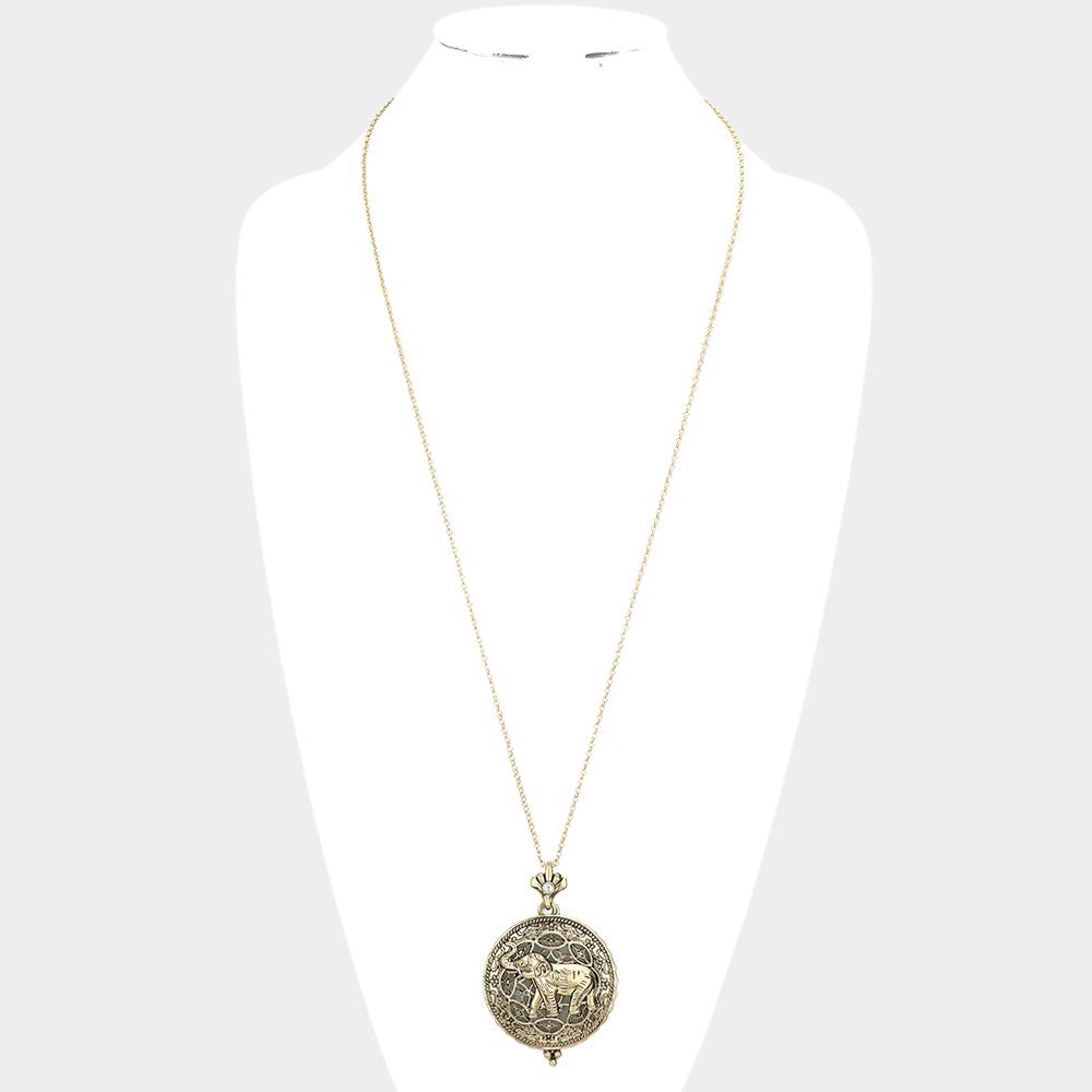 Gold Elephant Magnifying Glass Pendant Long Necklace Vintage Style Jewelry