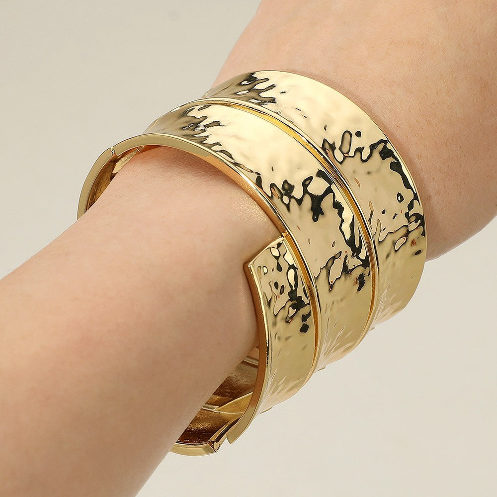 Gold Tone Wide Textured Metal Bangle Bracelet Hinged Bold Statement Jewelry