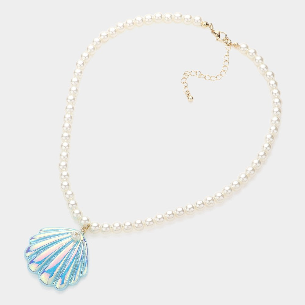 Metallic Glazed Seashell Pendant Pearl Necklace Coastal Charm Jewelry for Women