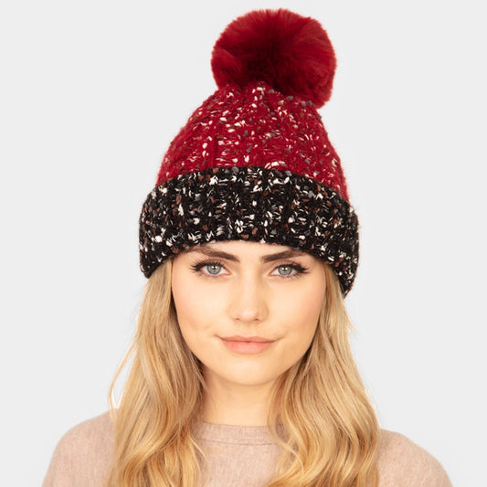 Red Black Marled Knit Beanie Faux Fur Pom Pom Winter Hat Women One Size New