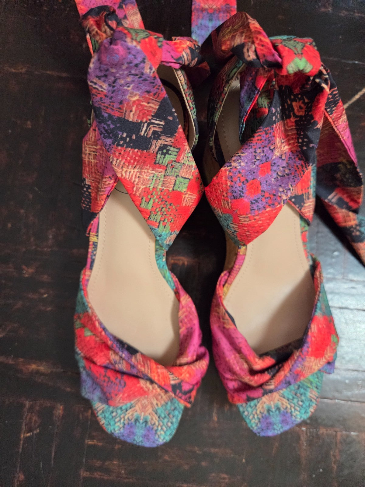 Oasis Multicolor Wedge Sandal Women’s Size 6.5 US Tie Up Strappy Fabric Heel