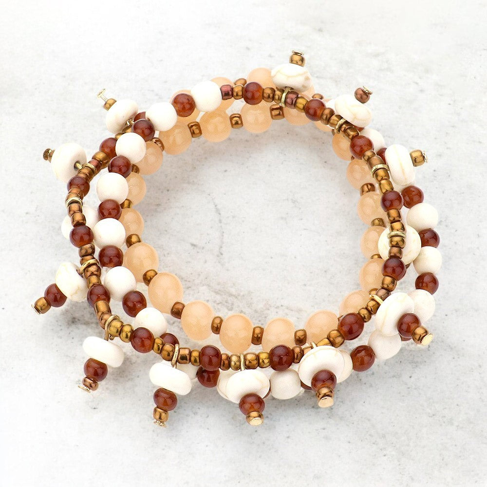 Stretch Coil Bracelet Necklace Beaded Multi Strand Jewelry White Peach Gold Red