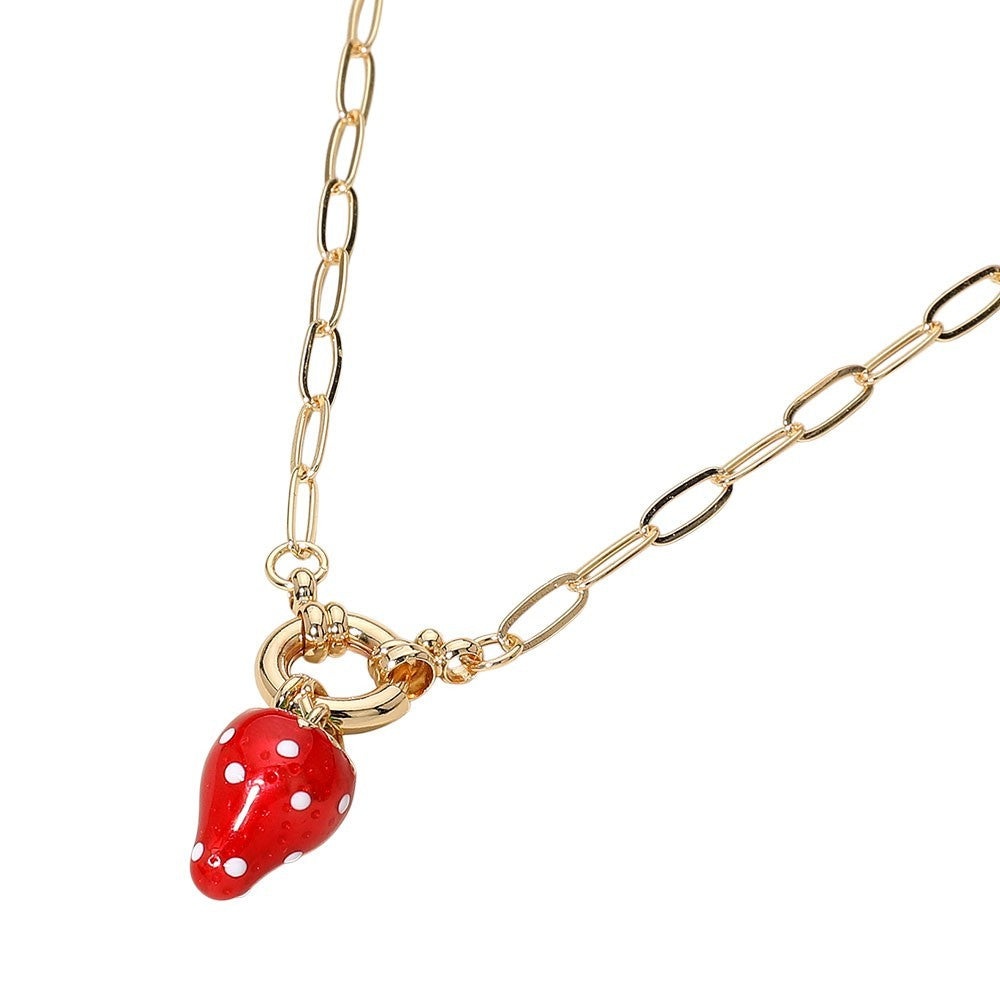 Gold Paperclip Chain Necklace Strawberry Charm Enameled Fashion Jewelry