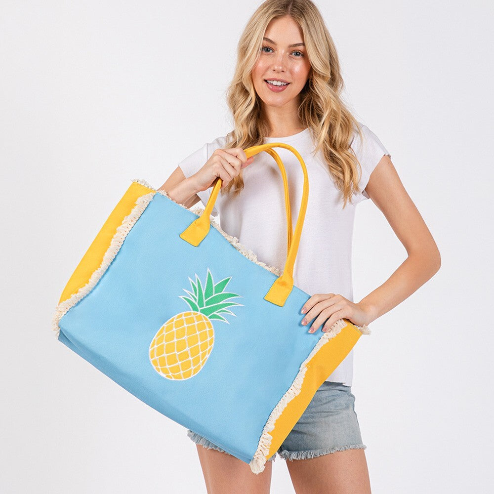 Pineapple Patch Embroidered Fringe Tote Bag Beach Vacation Purse