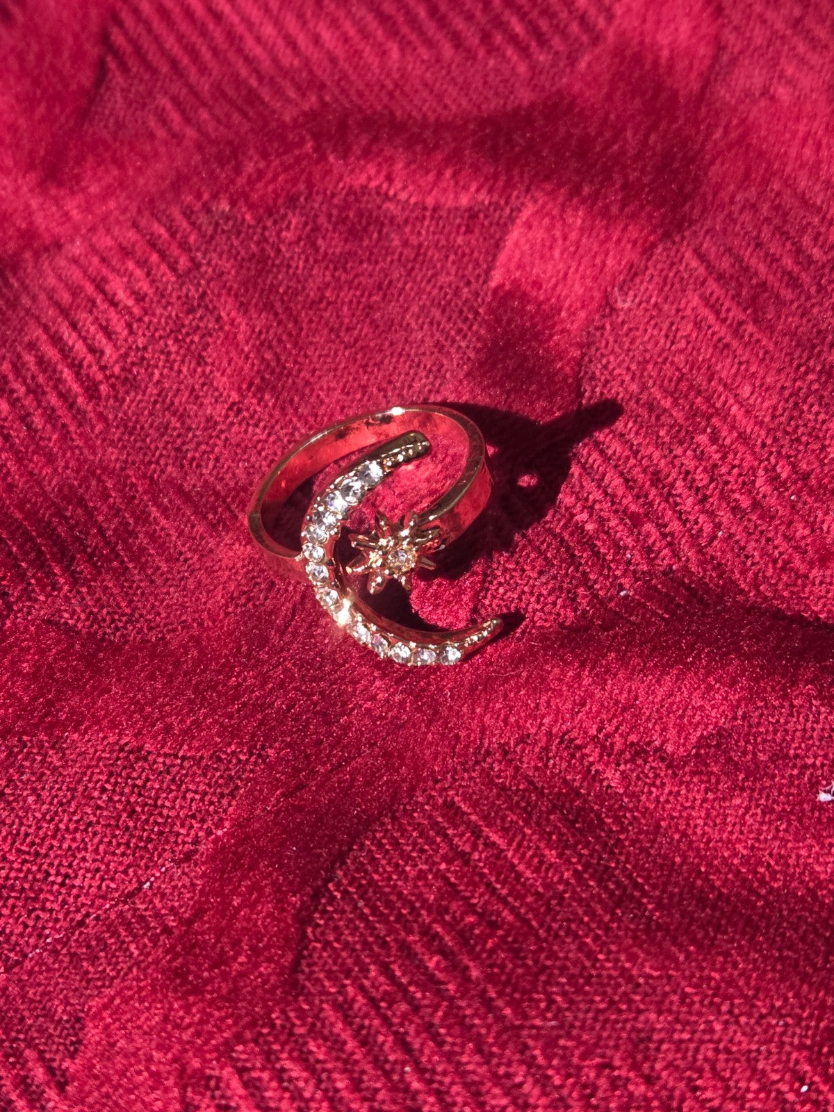 Celestial Crescent Moon Star Wrap Ring Gold Tone CZ Adjustable NEW