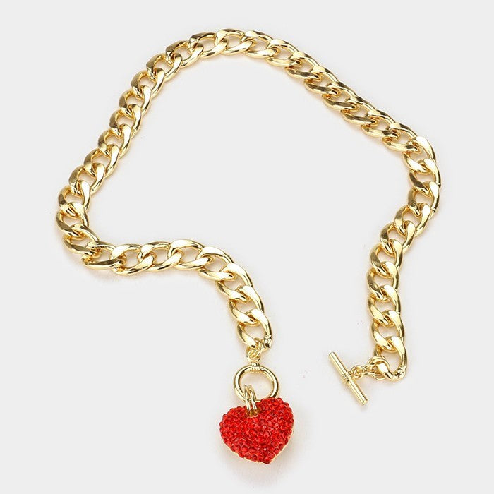 Chunky Gold Chain Toggle Necklace with Red Rhinestone Heart Pendant for Women