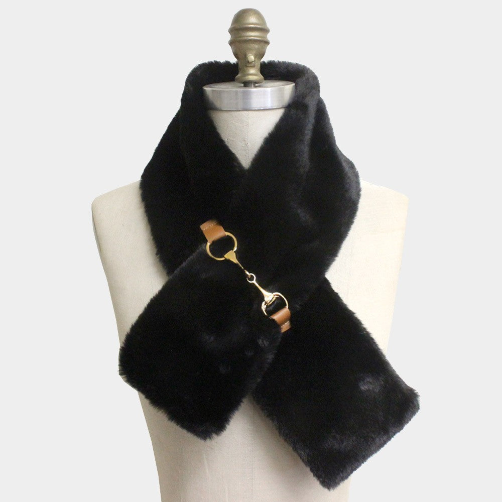 2PCS Black Faux Fur Scarf Set Equestrian Horse Bit Clasp Winter Neck Wrap