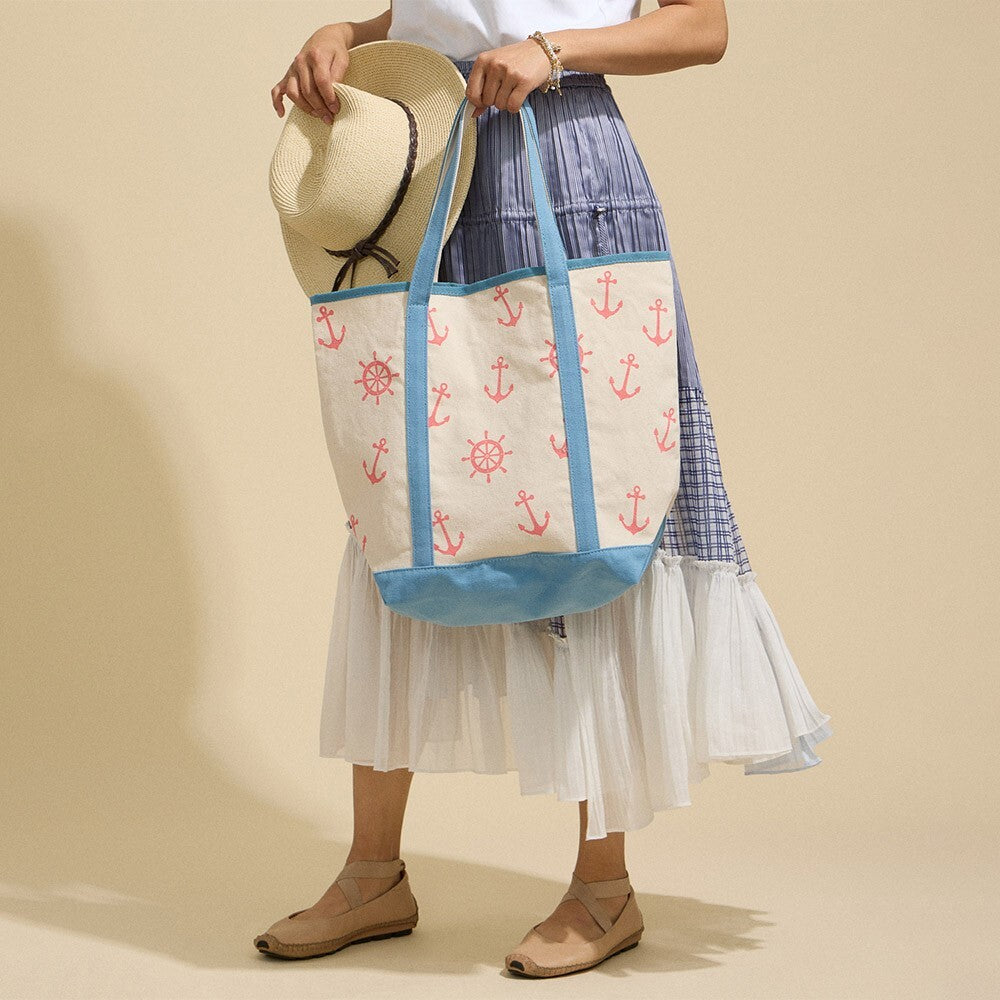Anchor Wheel Printed Canvas Tote Bag Nautical Beach Travel Shoulder Handbag