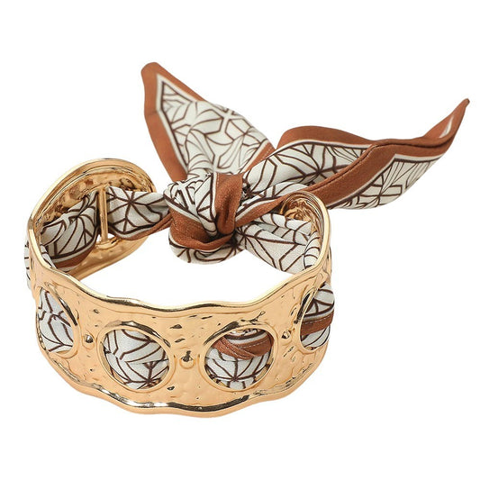 2PCS Gold Hammered Metal Cuff Bracelet with Scarf Tie Elegant Statement Jewelry