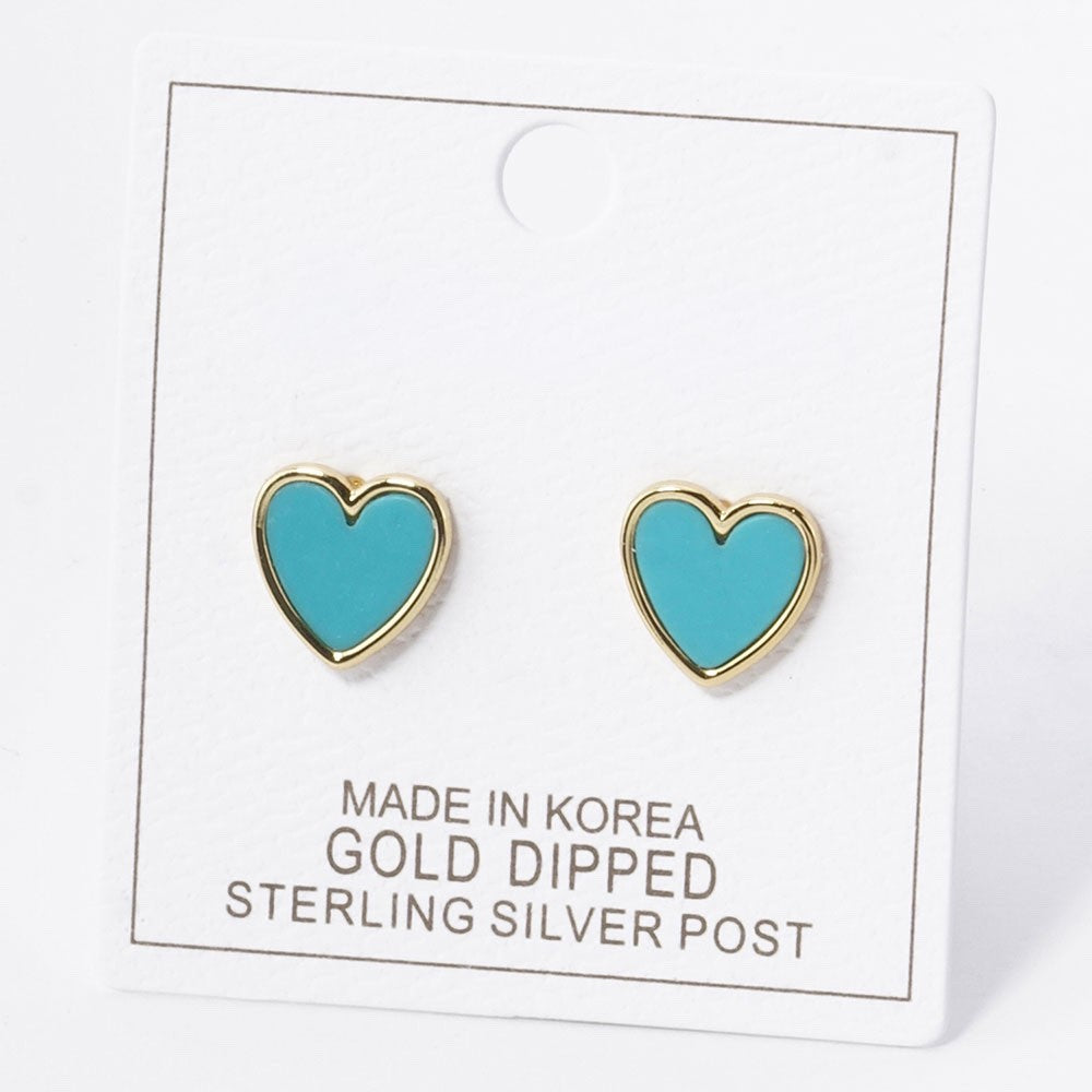 Turquoise Heart Stud Earrings - Gold Dipped Sterling Silver Post Enamel Jewelry
