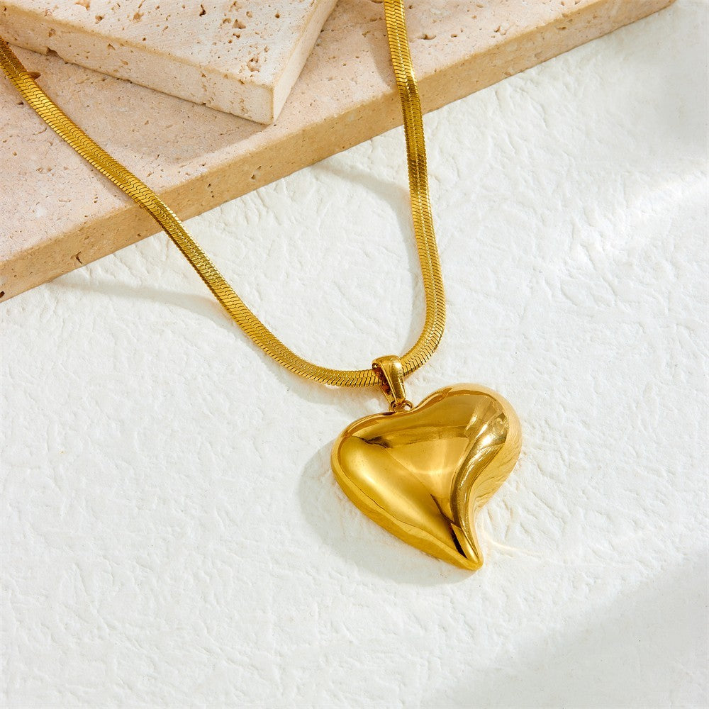 Gold Puffy Heart Necklace Herringbone Chain Statement Jewelry Gift for Her