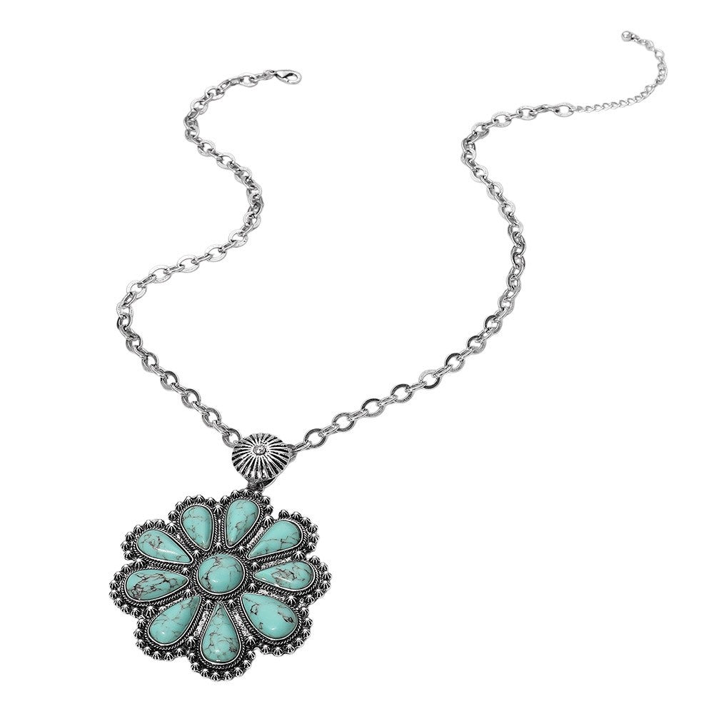Western Turquoise Sunflower Pendant Long Chain Statement Necklace Jewelry
