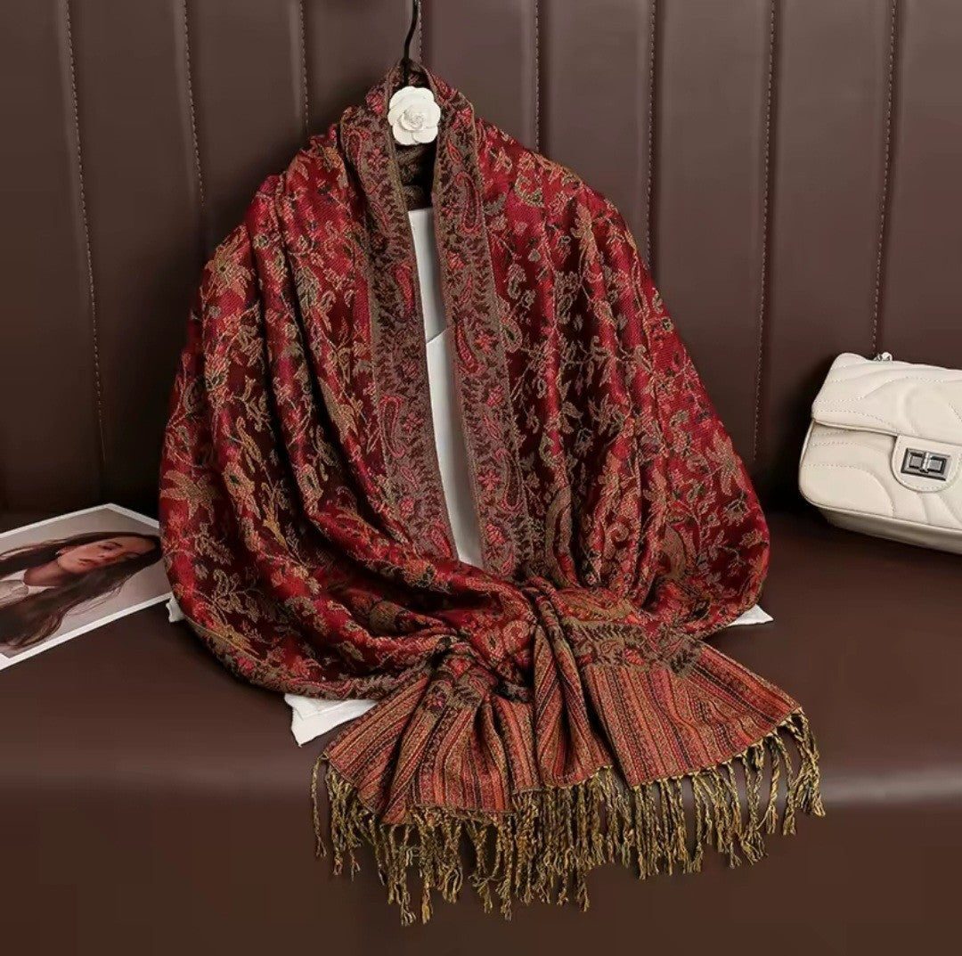 Luxury Burgundy Pashmina Shawl Printed Autumn Winter Scarf Wrap for Women
