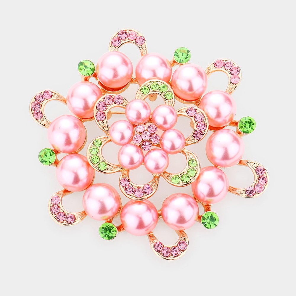 2pcs Faux Pearl Flower Brooch Pin Gold Tone Crystal Bouquet Jewelry Accessory Se