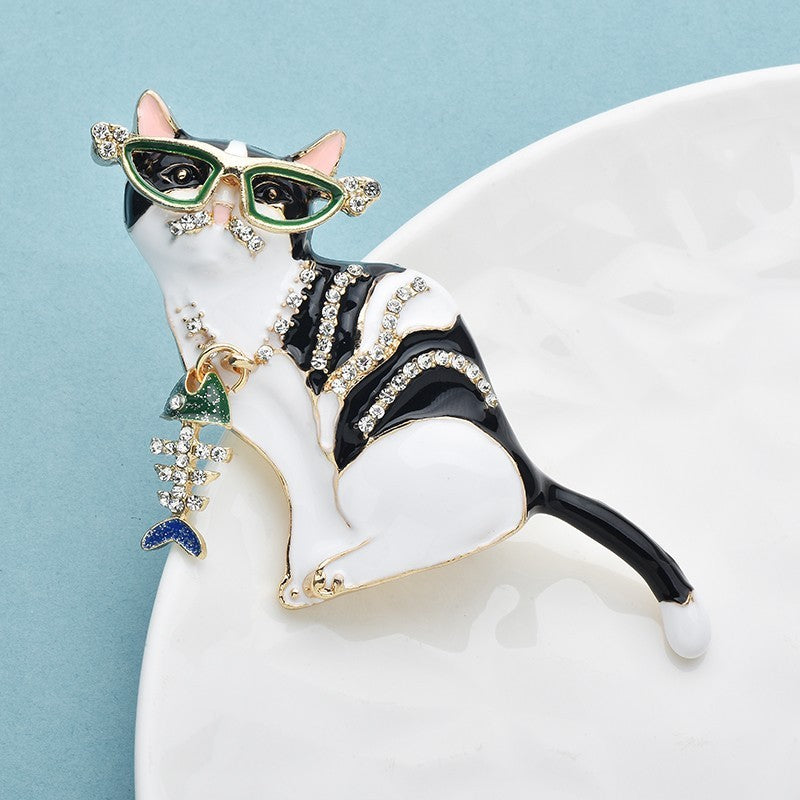 Cool Cat Rhinestone Brooch Pin Black White Stripes Green Glasses Fishbone