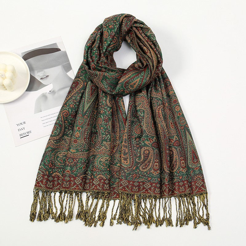 Reversible Paisley Pashmina Shawl Scarf Wrap Green Maroon Gold Fringe