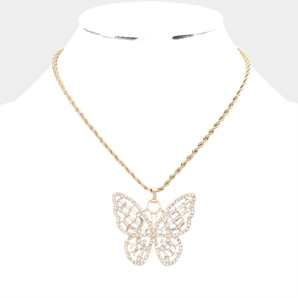 Gold Butterfly Pendant Necklace Clear Baguette Crystal 16-19 Inch Rope Chain