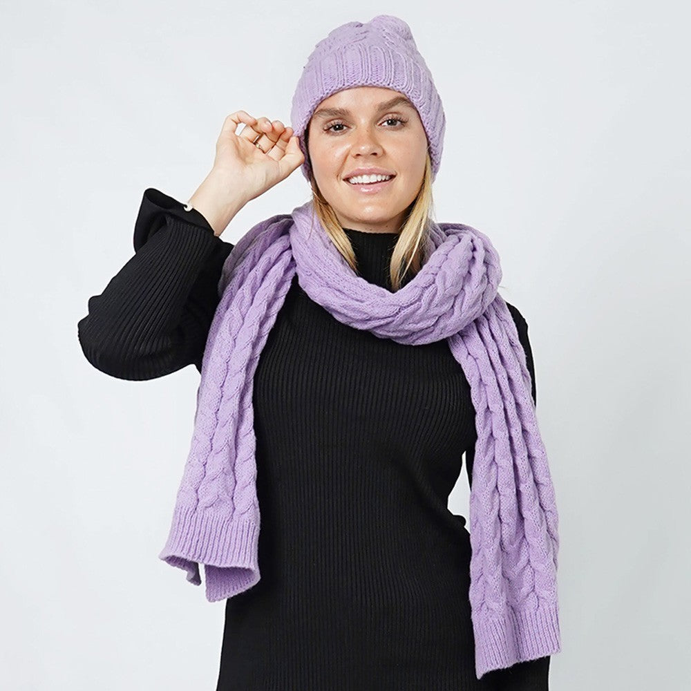 One Size Cable Knit Style Winter Beanie Hat & Scarf Set for Women Lavender