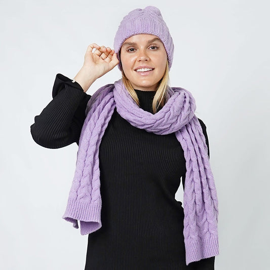 One Size Cable Knit Style Winter Beanie Hat & Scarf Set for Women Lavender
