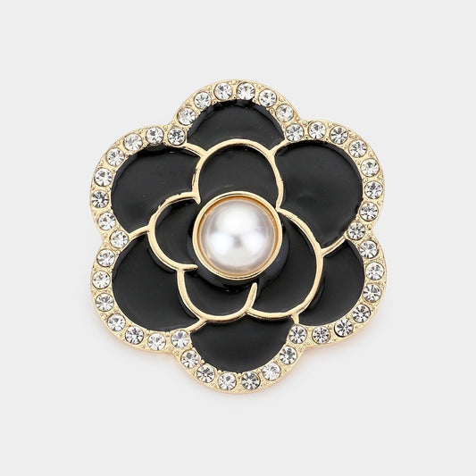 Gold Enamel Camellia Flower Brooch with Black Petals and Faux Pearl Center