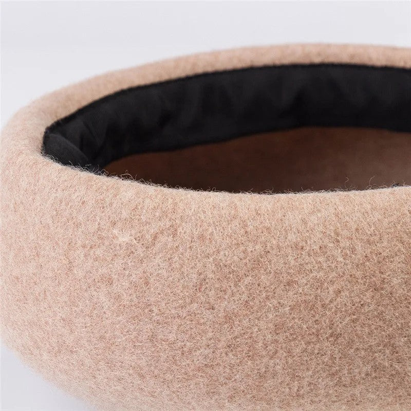 Vintage Wool Felt Pillbox Beret Hat French Style Satin Lined Black Winter Cap
