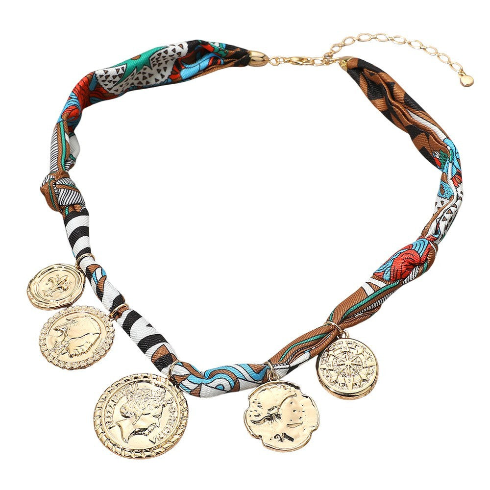 Bohemian Scarf Necklace with Gold Coin Pendants Fashion Jewelry for Women